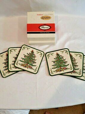 2 Vintage Pimpernel Spode Christmas Tree Coasters Set of 6 Cork Back w/ Box